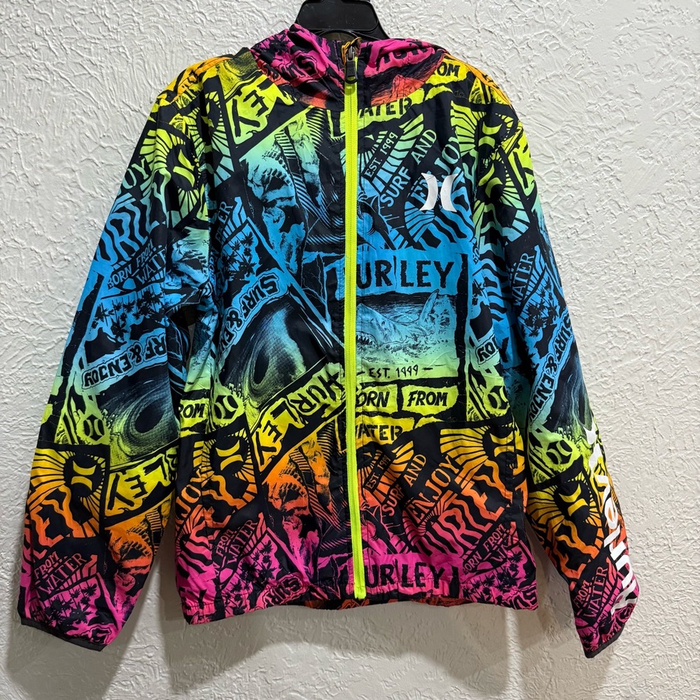 Hurley rain jacket/wind breaker size youth M 10-12. Fluorescent colors